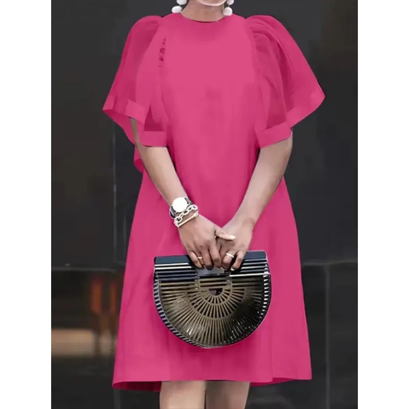 Tinaa 3colors Przezroczysta Sukienka Damska 2025 Biurowa Luźny Krój Prosty Bufiasty Rękaw Okrągły Dekolt Eleganckie Sukienki do Pracy 184359