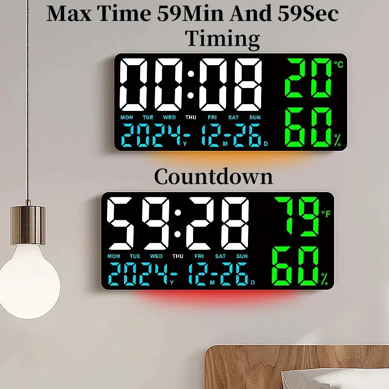 Large Digital Wall Clock with Remote Control 7 Clors Mood Light Dual Alarm Timing Countdown 12/24H Auto Dimmable LED Alarm Clock