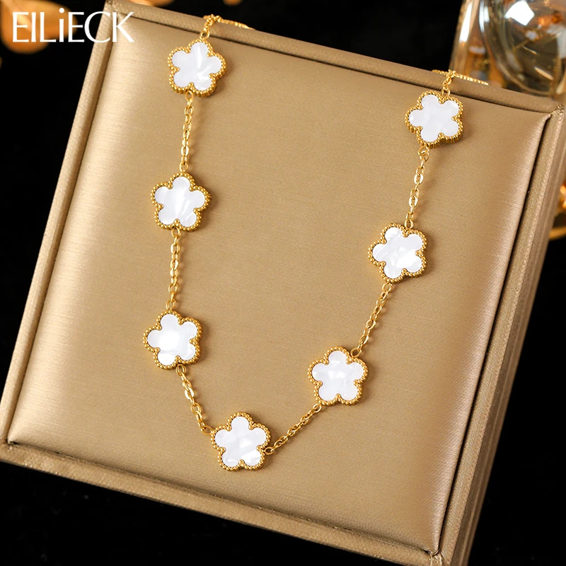EILIECK 316L Stainless Steel White 15 Flowers Clover Pendant Necklace For Women Fashion New Party Gift Neck Chain Jewelry Collar