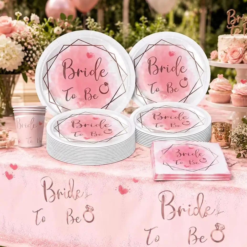 Pink Bride Themed Bachelorette party Decoration set, Tablecloth Plates Napkins Cups Wedding Celebration Party Favors