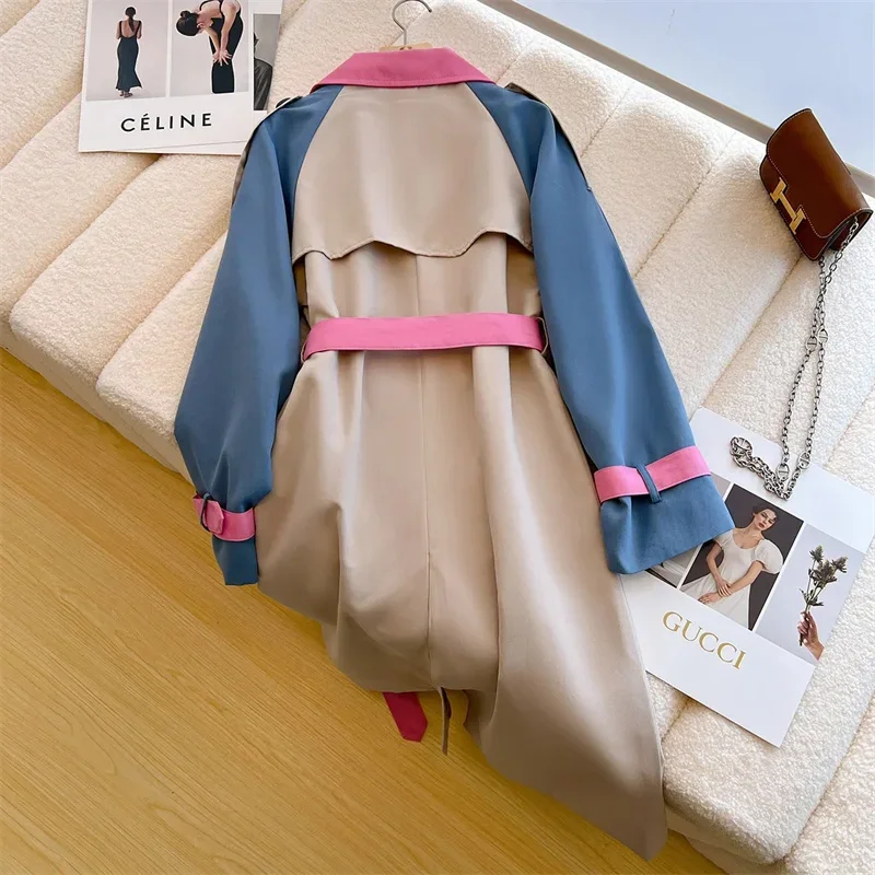 Spring Women Patchwork Contrast Color Windbreaker With Belt Double-breasted Long Sleeve Pink Yellow Loose Mid-Length Trench Coat