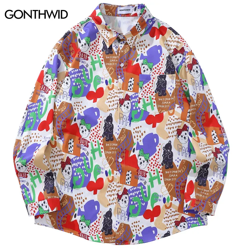 Harajuku Men Shirts Graffiti Cartoon Bear Print Long Sleeve Hawaiian Shirt 2024 Hip Hop Oversized Button Up Shirts Streetwear