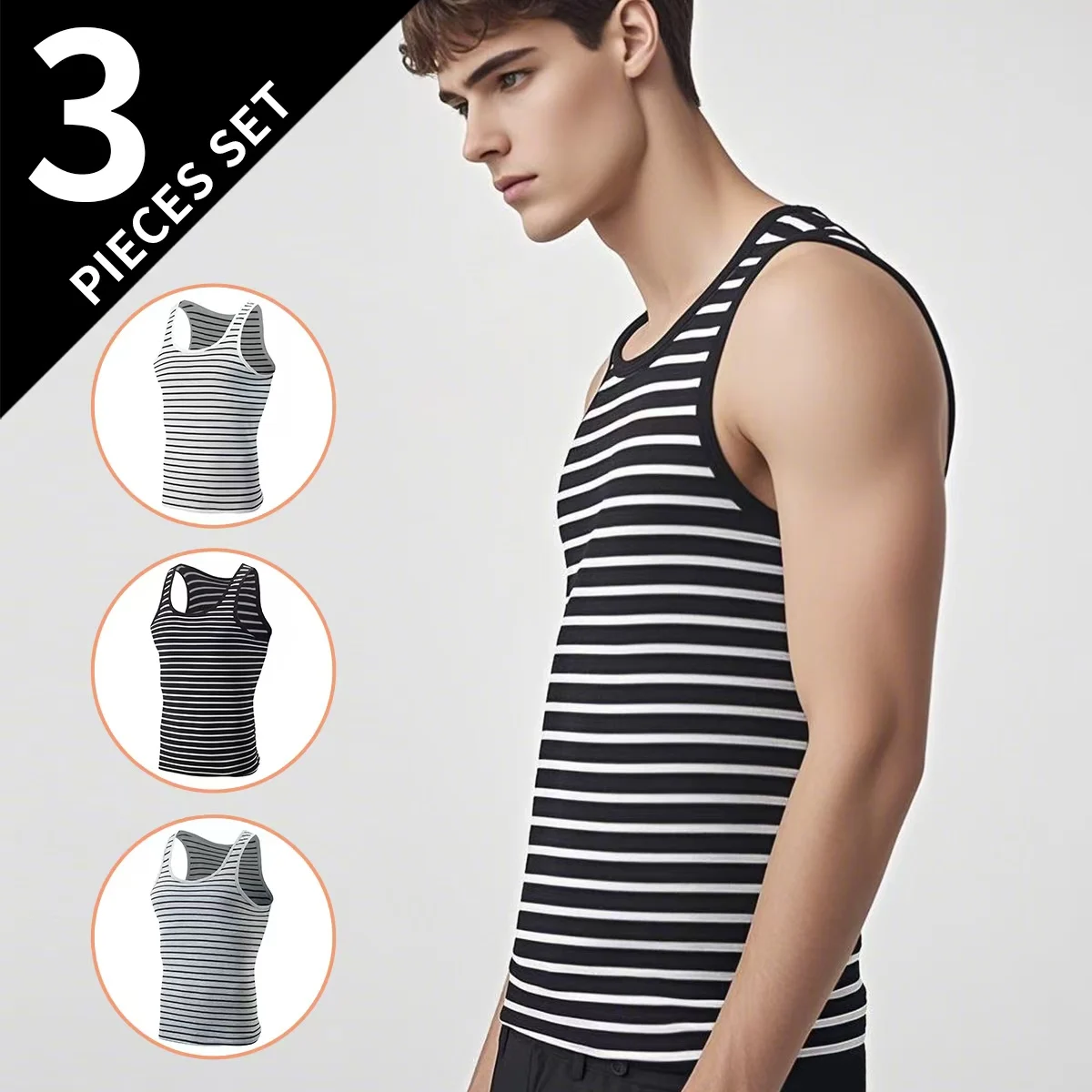 3-teiliges klassisches Joker-gestreifte Weste für Herren, Teenager, schlank und bequem, Lauf-Fitness-Shirt, Sport, Joker, gestreift, ärmellos
