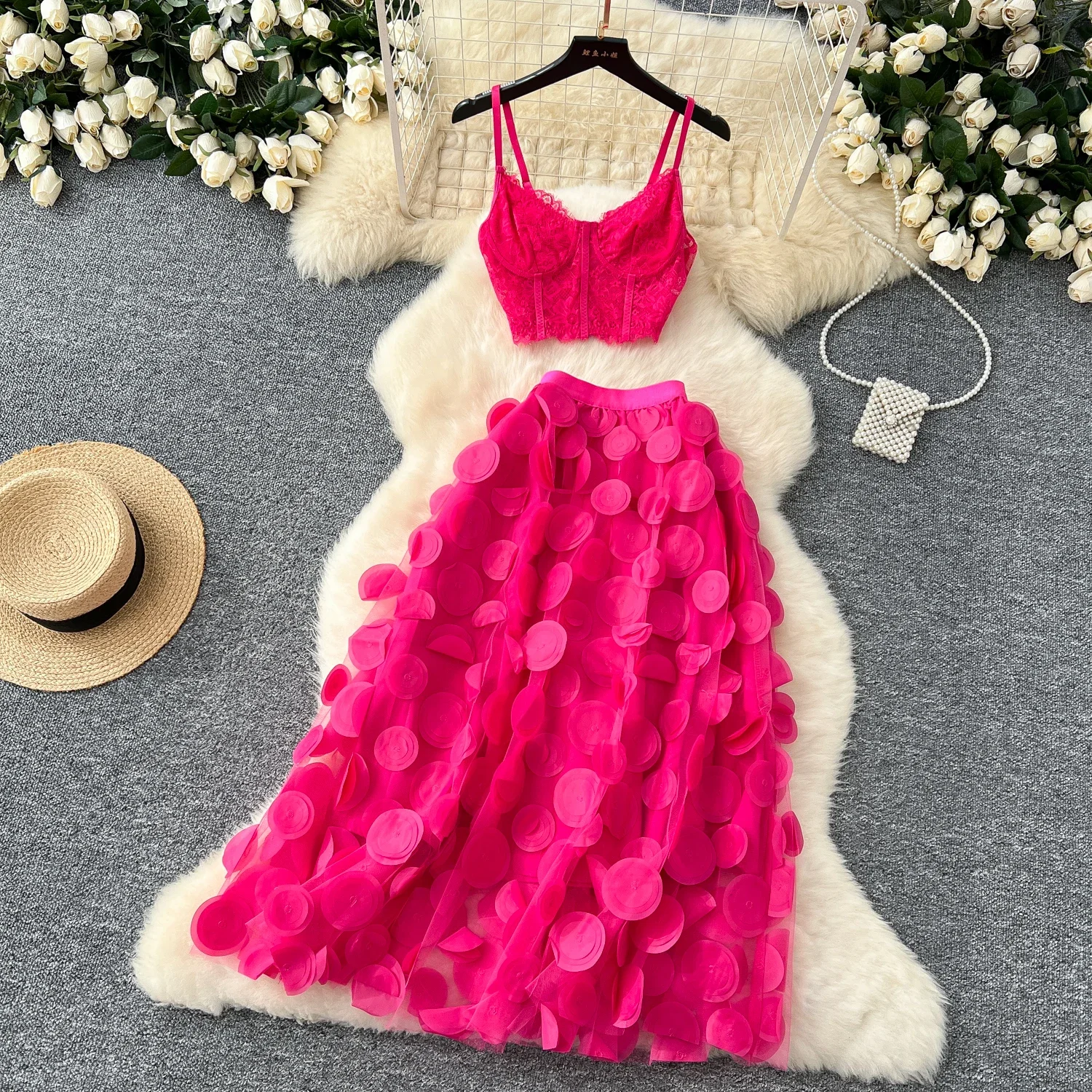 Chic Women Two-Piece Sets Off Shoulder Straps Camis Top High Waist Three-dimensional Dot Mesh Skirt High Street Summer Clothing