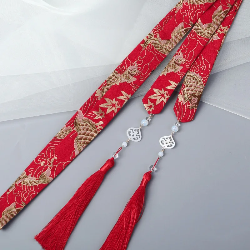 Chinese Traditional Hanfu Hair Ribbons Gold Stamped Koi Crane Sakura Dragon Pattern Hair Ties With Tassel Pendants For Cosplay