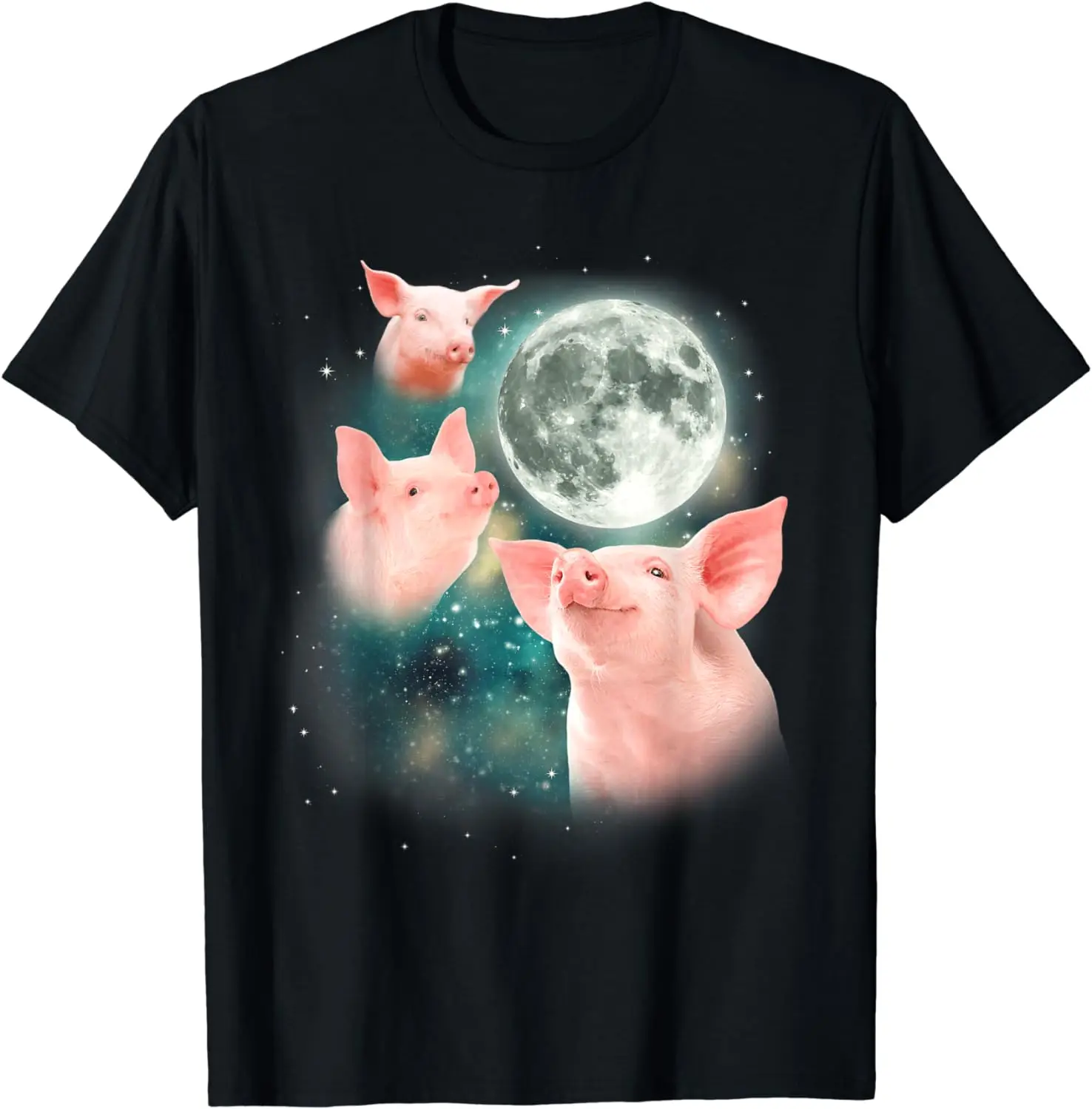 Three Pig Moon 3 Miniature Pigs Howling Swine Weird Piggy T-Shirt Fashion Casual Short Sleeve T Shirts Male Cotton T-shirt Tops