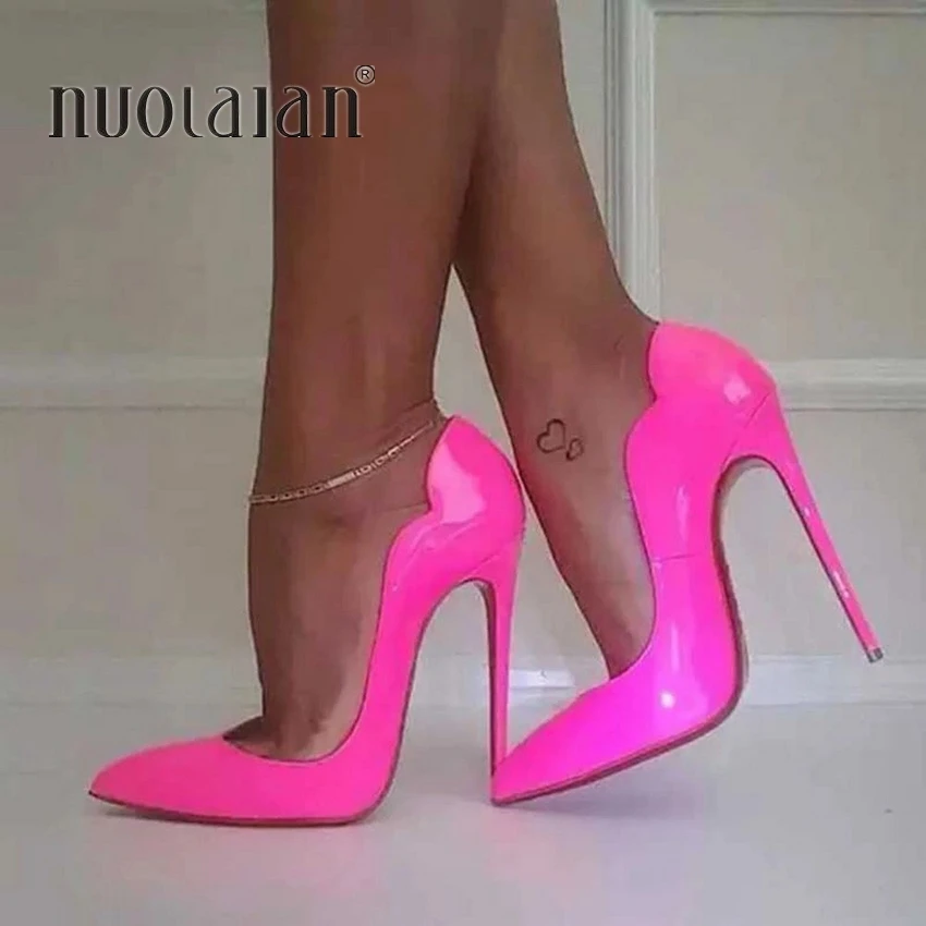 Pink Curl Upper Women Patent Pointed Toe Stiletto High Heels Sexy Ladies Party Dress Shoes Club Dance Pumps Plus Size