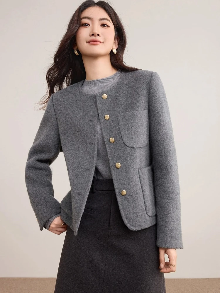 

SENTUBILA Women's Sheep Wool Double Faced Overcoat 2025 Winter O-Neck Short Multi Color Optional Elegant Casual Top W54OG8767