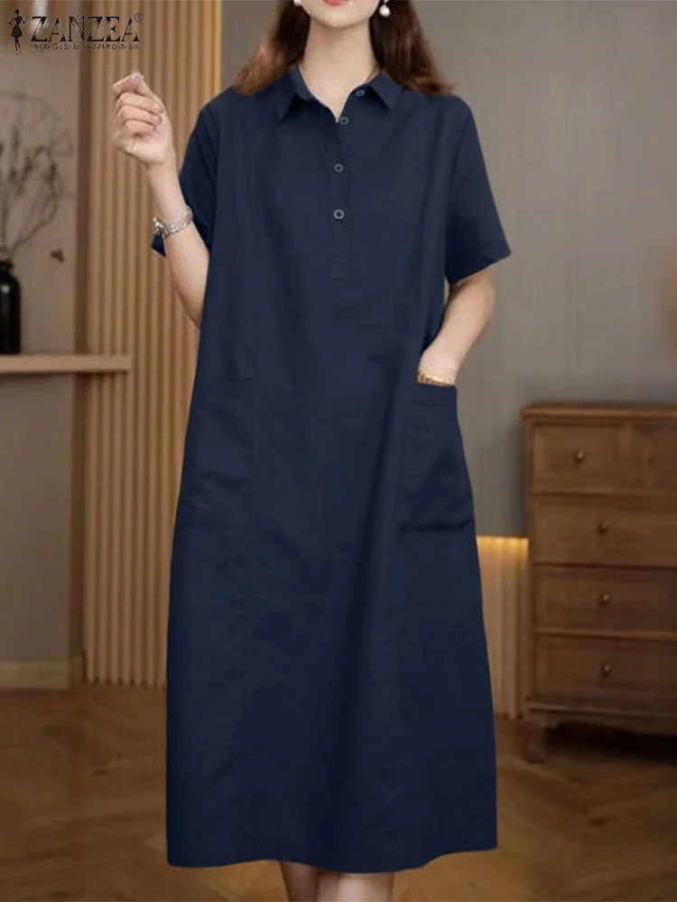 ZANZEA Women Summer Sundress Vintage Shirts Dress Solid Color Short Sleeve Loose Robe 2025 Summer Lapel Neck Pockets Vestidos