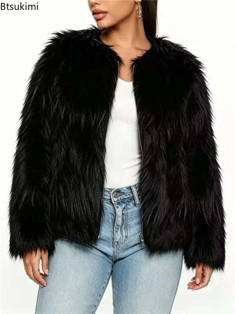 Women Shaggy Faux Fur Short Jacket Open Front Round Neck Long Sleeve Fluffy Thick Warm Coat Winter Daily Street Club Party Coat