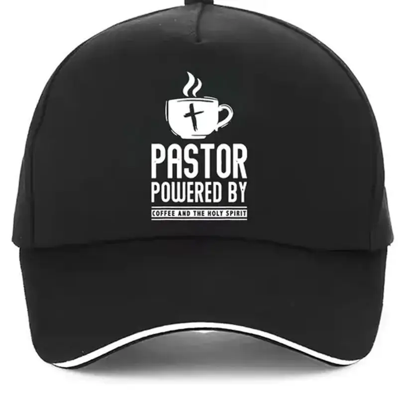 

Pastor Powered by Coffee & The Holy Spirit Baseball Cap - Retro Christian Faith Gift for Men & Women, Black with White Piping