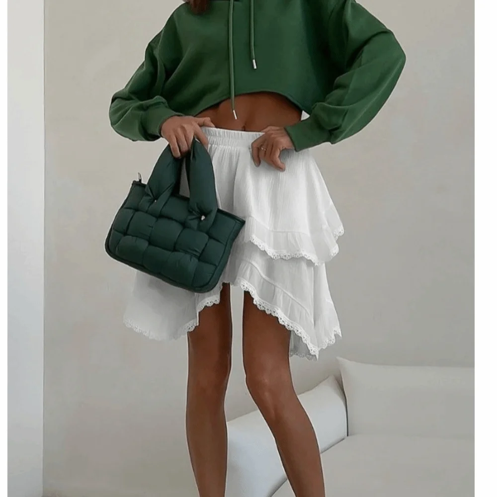 New Lace Trim Layer Cake Skirt Pleat Shape High Waist Pleat Short Skirt White Tone Double Layer Women Half Skirt Daily Outfit