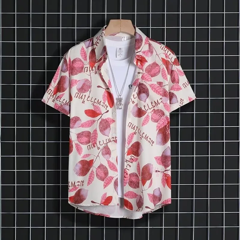 High-End Men's Pendant Shirt Chiffon Handloved Ruffian Floral Print - Handsome Couple Set Short-sleeved Hawaii Style Top