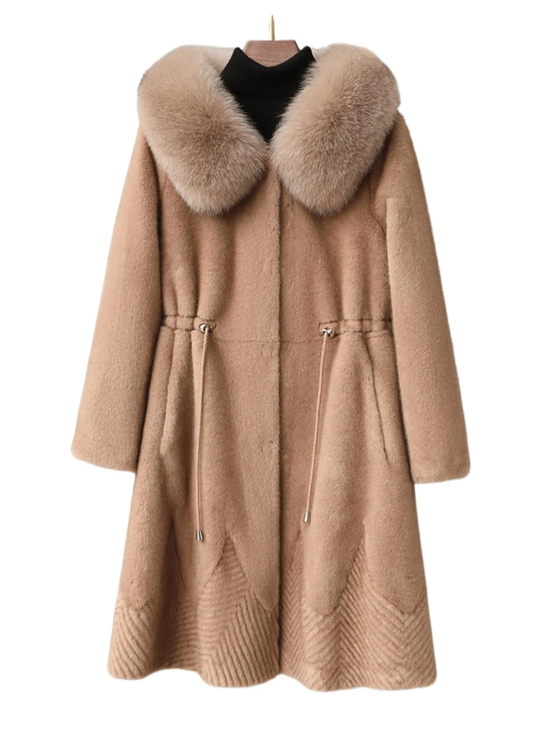 Abrigo de piel de visón dorado, cuello de piel de zorro con capucha de longitud media para mujer, abrigo de piel de visón integrado de piel