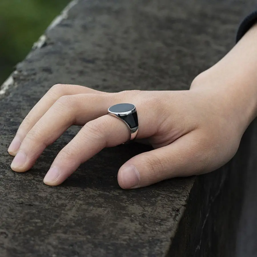Wholesale Genuine 925 Sterling Solid Silver Men Ring Wedding Fashion Rings Black Enamel Handmade Ring