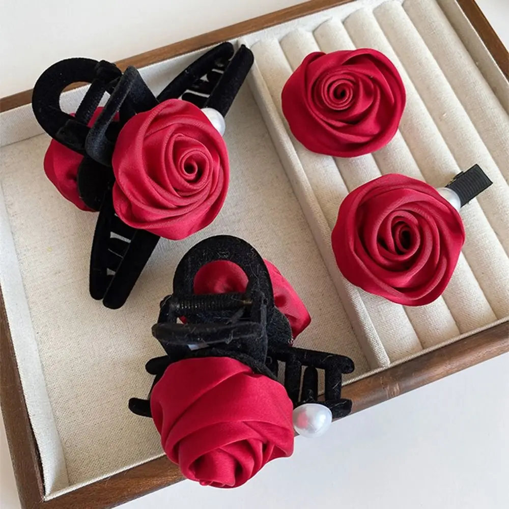 Creative Pearl Velvet Bow Hair Claw Flower Grab Clip Red Rose Hair Clip Barrettes Shark Clip Velvet Headband Girls