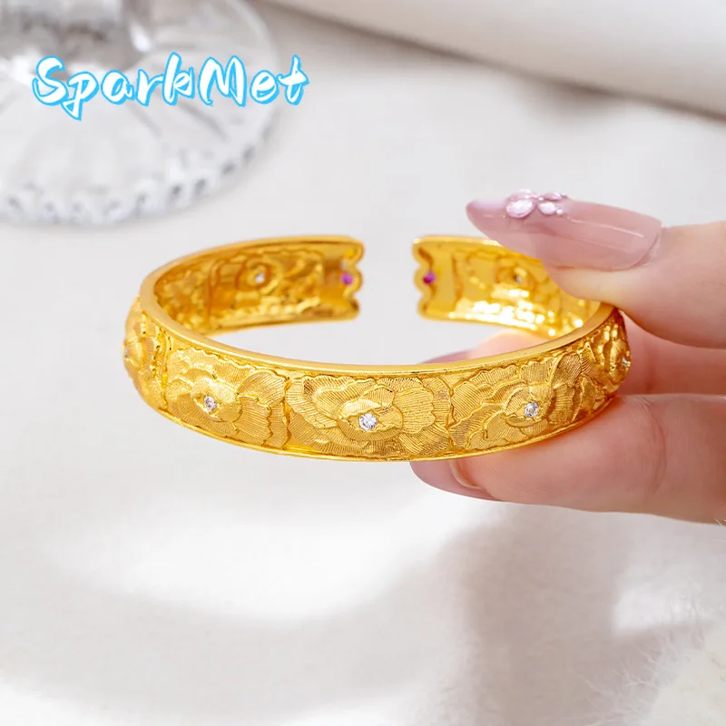 

Sparkmet Diamond-Studded Peony Open Bangle Women's 24K Gold AU999 - Value-preserving AU999 pure gold, peony symbolizes prosperit