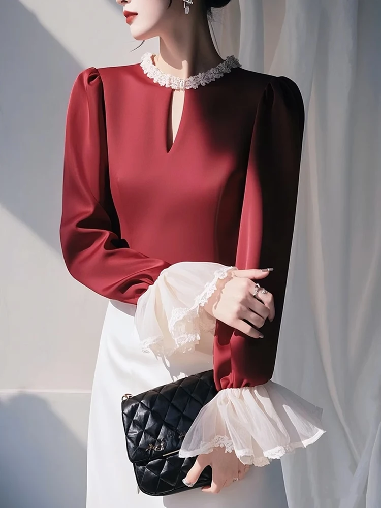 

Faionable Color Blo Sve Long Sve Base irt Unique Hollow out Design Inner Wear irt Special Sve Cuff Design