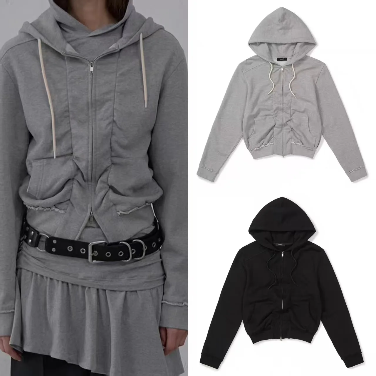 

Новая женская повседневная толстовка на молнии с капюшоном и завязками, с рваным краем, универсальная верхняя одежда, весенняя куртка с длинным рукавом, коллекция Весна 2026