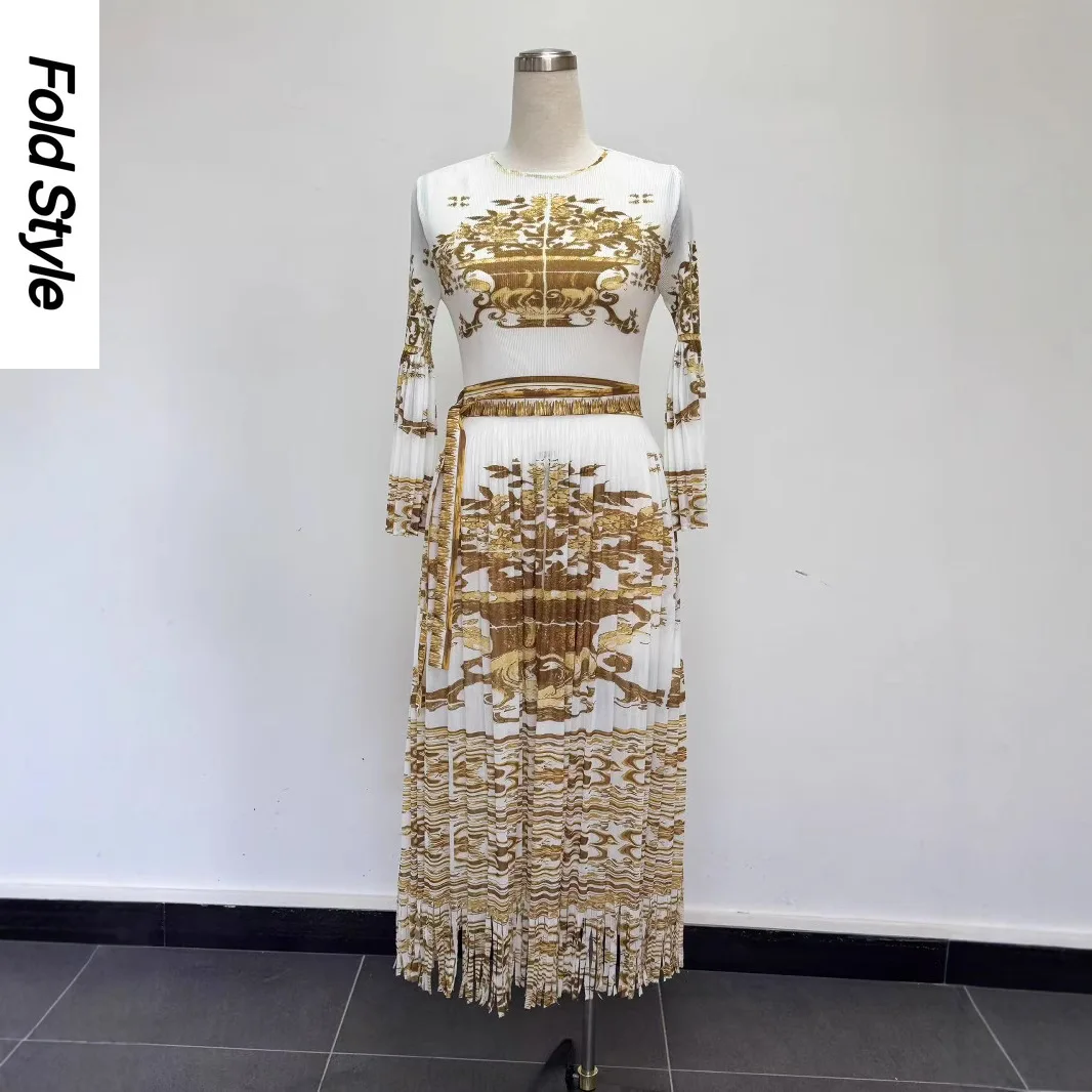 

Miyake Pleated Dress Womens Round Neck Long Sleeve Print Contrast Color Loose Style New Tide 2025 Dresses