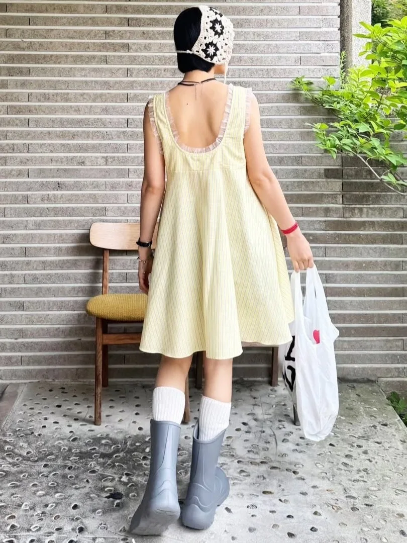 

Retro Patchwork Lace U-Ne Plaid Vest Dr Women's Summer Loose A-Line Skirt Casual Comfortable Breathable Clothing