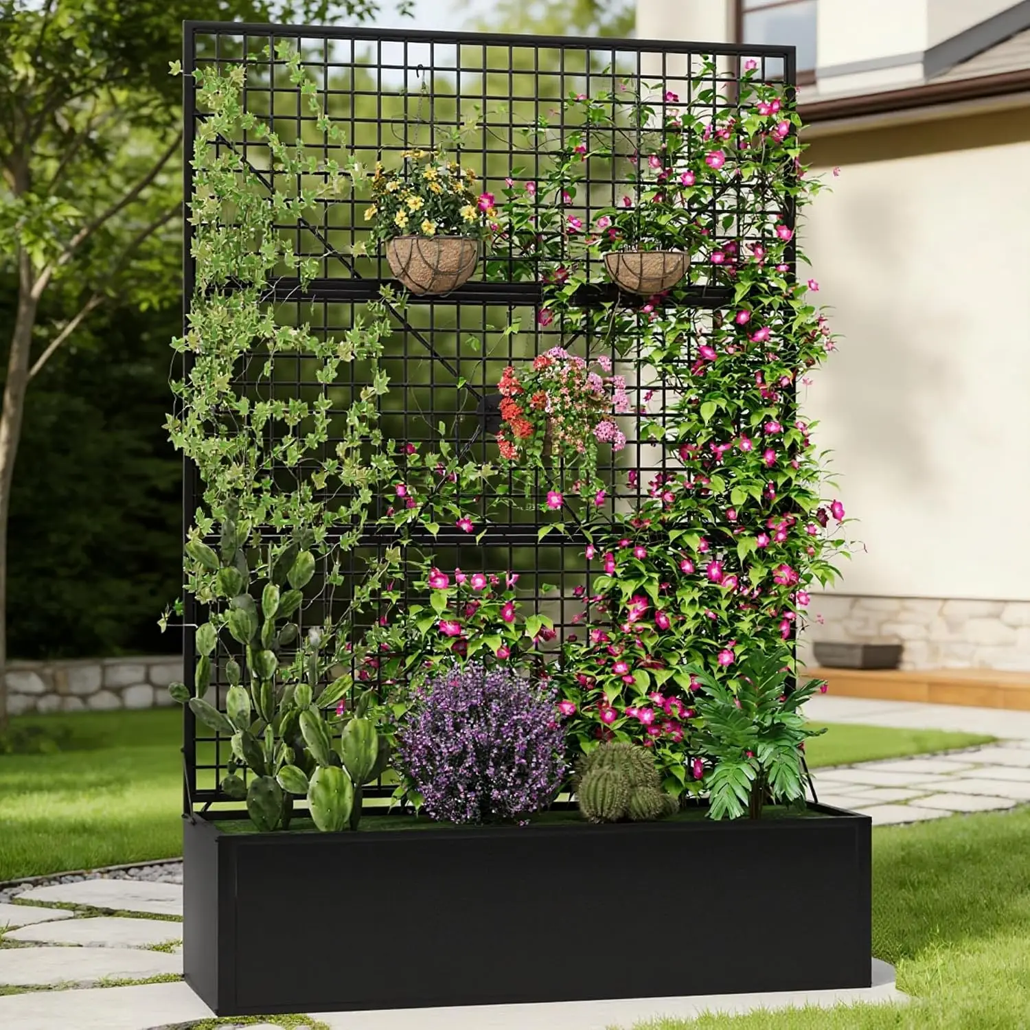 Outdoor Metal Raised Garden Bed Planter Box Frame Unit Box Container Storage Holder Rack Display With Trellis Screen For Outdoor Backyard Climbing Plants Vegetables Vines Black