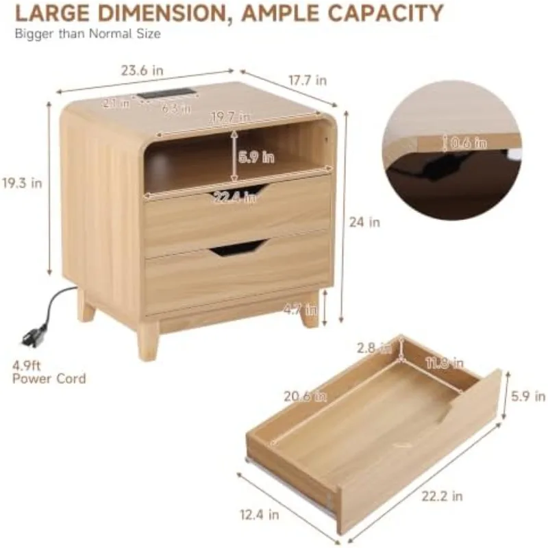 Nightstand with Charging Station, Modern Night Stand with LED Light, 23.6
