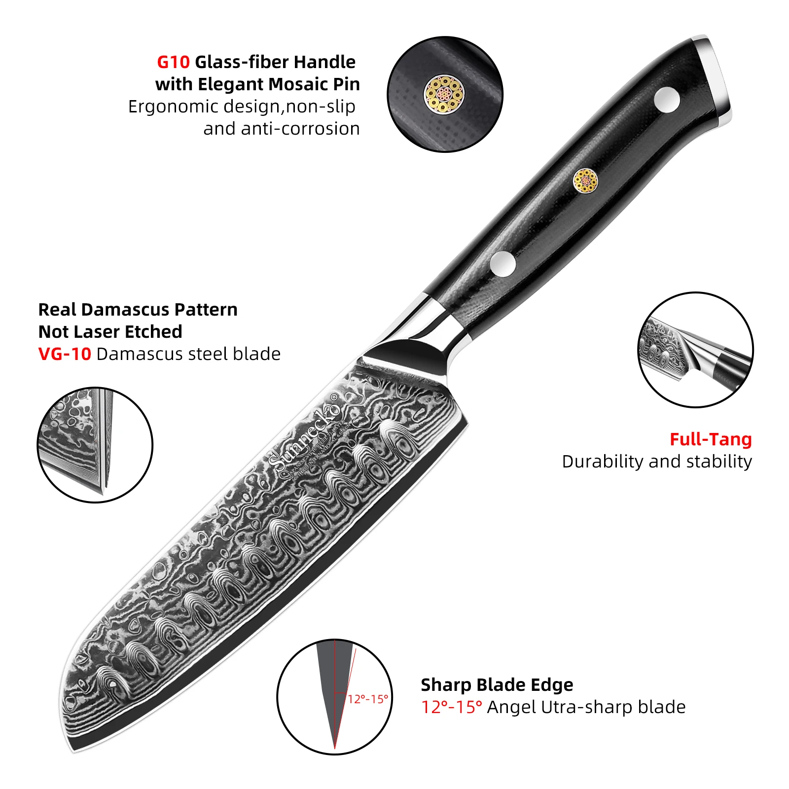 SUNNECKO 2PCS Kitchen Chef Knife Set 7'' Santoku 5'' Utility Cooking Knife G10 Handle Fillet Fishing Sushi Sashimi Tool