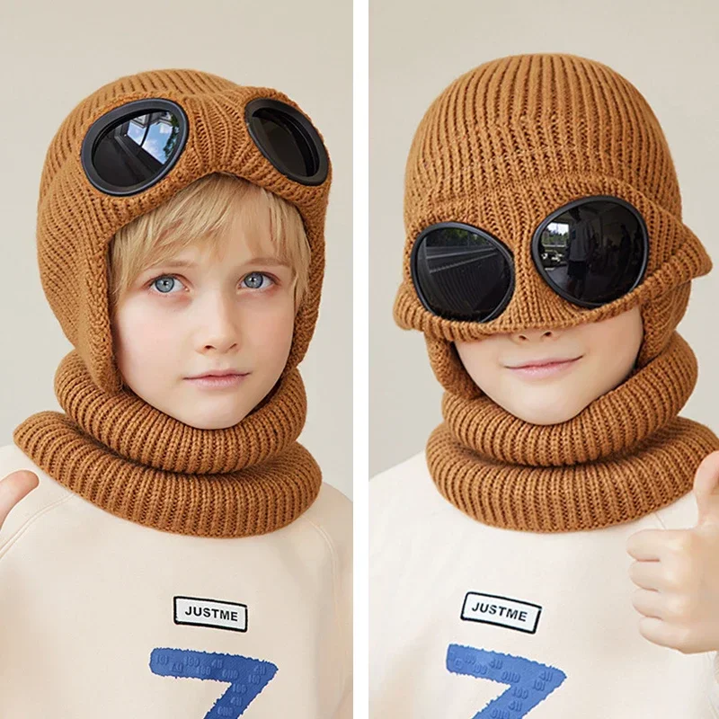 

2pcs Children Winter Beanies Hats Snood Set Knit Thick Fleece Lined Winter Hats Boys Short Scarf Glass Goggles Outdoor