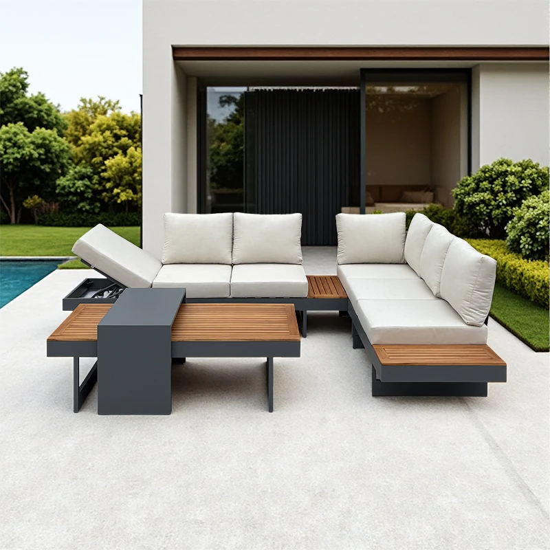 Modern Outdoor Teak Sofa Set Garden Waterproof Furniture Aluminum Sectional Sofa with Adjustable Villa Patio Seat Cushion