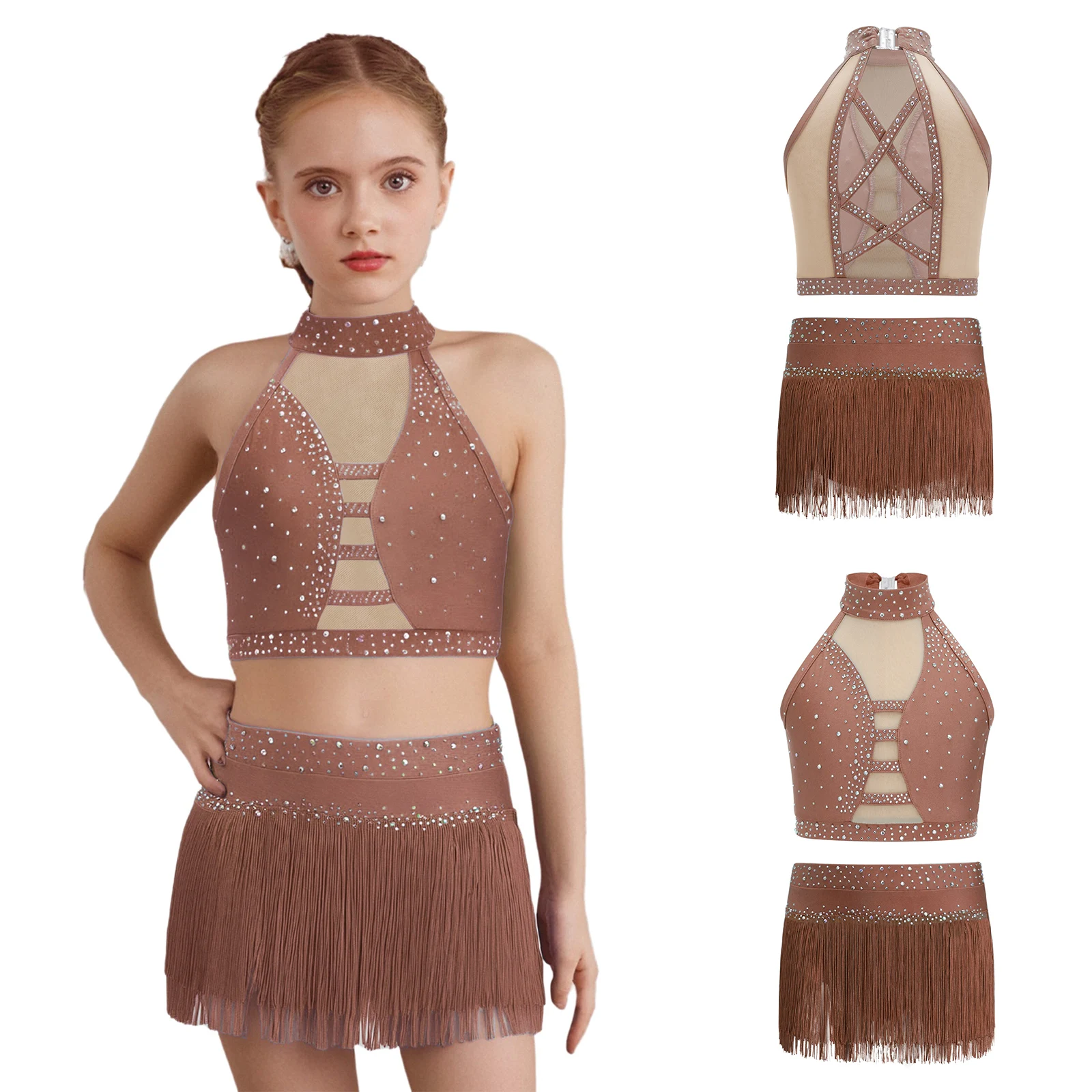 

Kids Girls Latin Jazz Dance Costume Tango Samba Salsa Dance Top with Tassel Briefs Skirt Set Belly Dance Practice Clothes