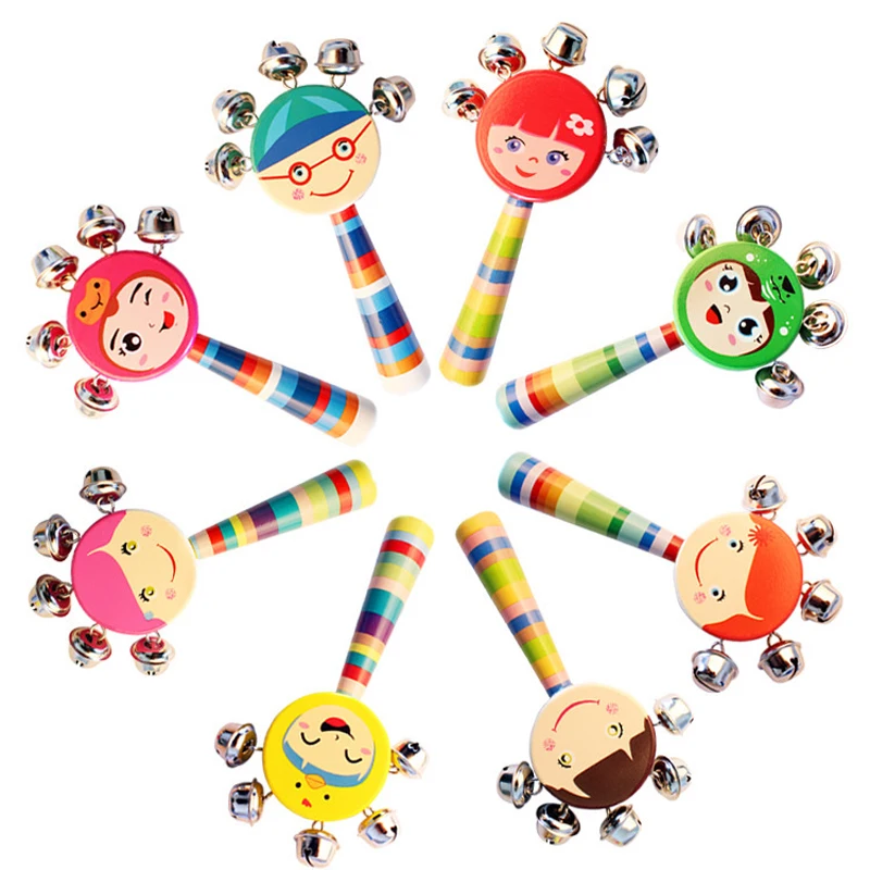 2pcs Wooden Smiley Rattle Kids Baby Smiley Cartoon Hand Rattle Baby Childhood Education Aid Toy Auditory Gift Color Random P543