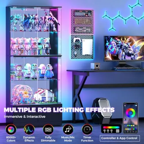 Display Cabinet with Glass Doors, 4-Tier Curio Cabinet with RGB Lights for Collectibles, Display Case with 2 Drawers view 3