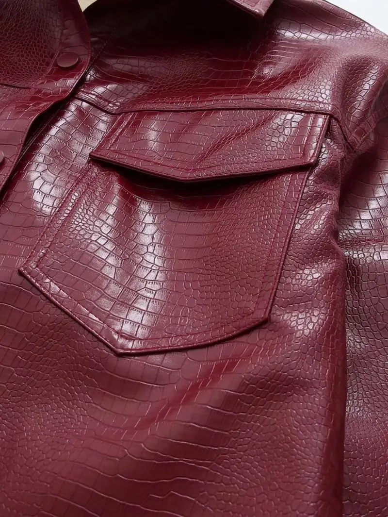 女性用アメリカンブロガー スレ PU レザー ジャエット ダブルケッツ ウエストベルト付き ワインレッド エメッドテクスチャー ストリートファション