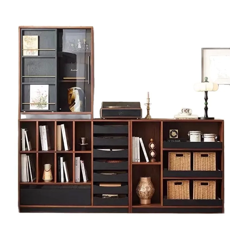 

French retro solid wood bookcase, living room display cabinet, sofa locker, integrated whole wall medium antique module