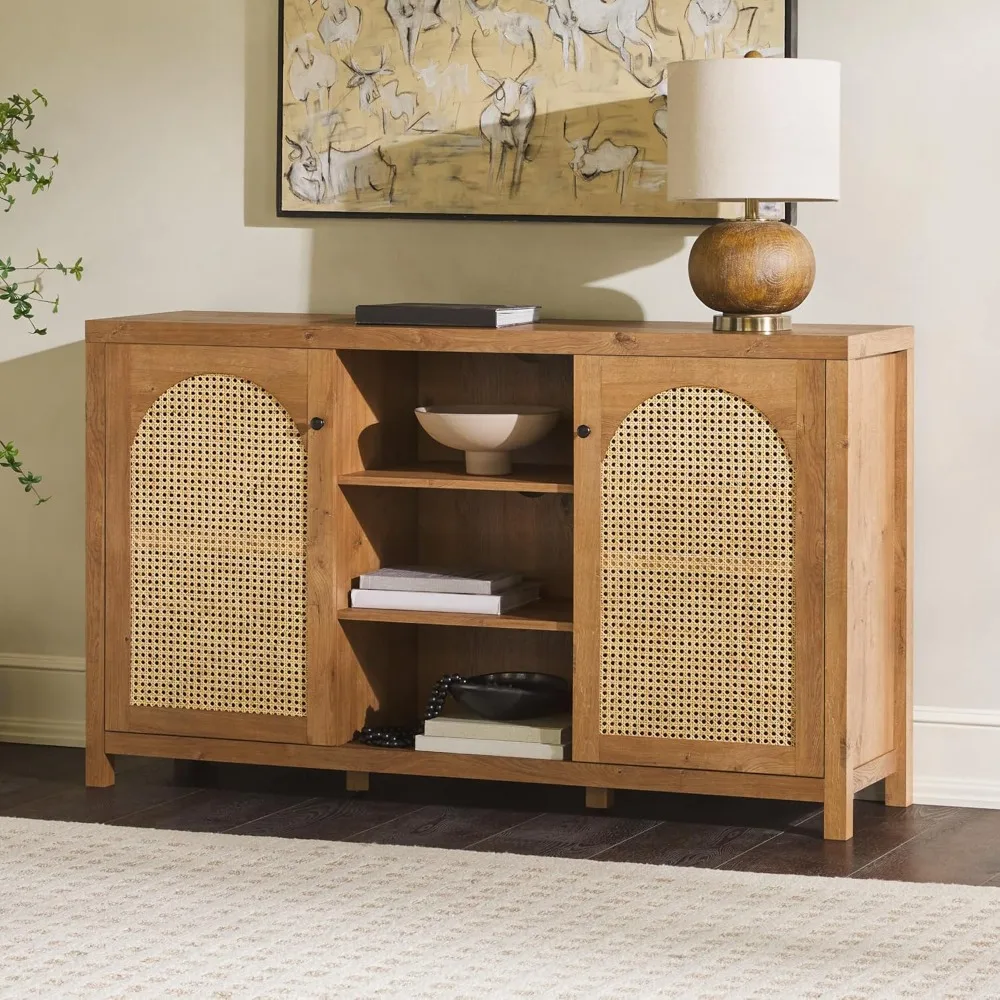 Arched Rattan 2-Door Sideboard, 58 Inch, English Oak