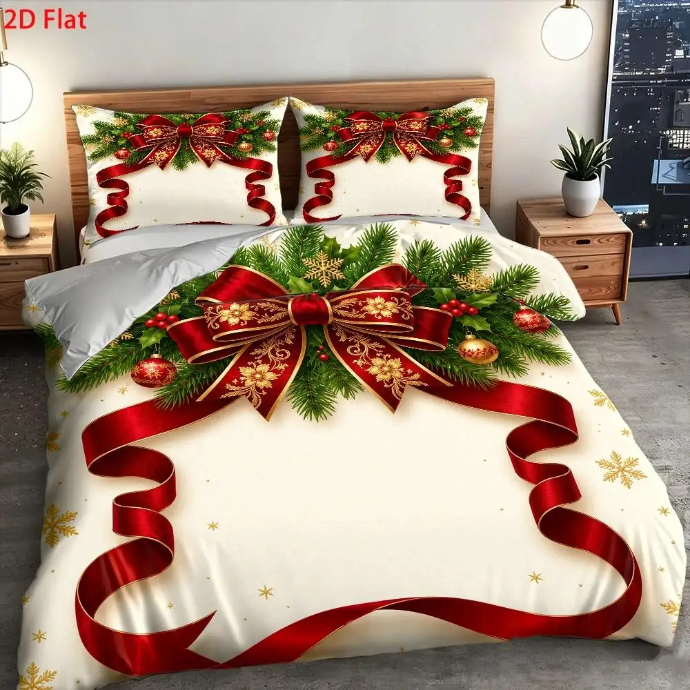 2D Flat Priting Three-Piece Duvet Cover Set Christmas Red Ribbon Pine Branches Comforter Sets Quilt Cover Bedding Set Breathable Polyester Invisible Zipper Machine Washable