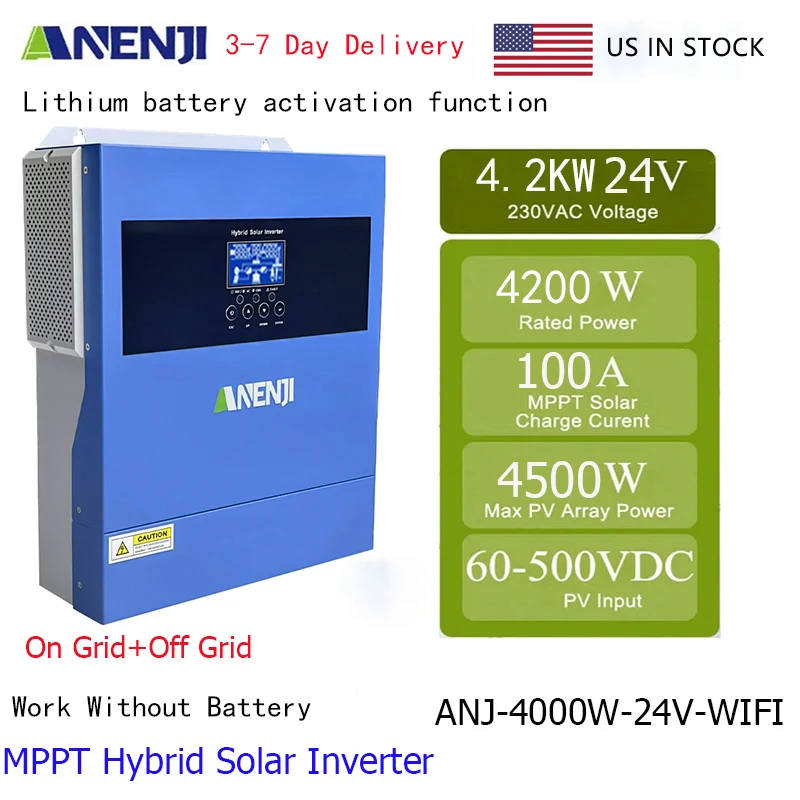 ANENJI 4200W 24V Hybrid Solar Inverter 4.2KW 230VAC On Grid Off Grid Inverter Pure Sine Inverter With 100A MPPT Solar Charger PV 500V