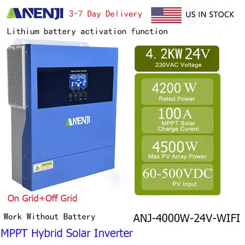 ANENJI 4200W 24V Hybrid Solar Inverter 4.2KW 230VAC On Grid Off Grid Inverter Pure Sine Inverter With 100A MPPT Solar Charger PV 500V