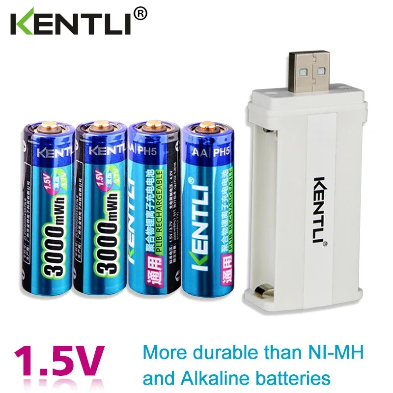 Imagem -03 - Kentli-bateria Recarregável de Lítio Li-polímero Li-ion Carregador Usb Smart 1.5v 3000mwh Baixa Descarga Automática Unidades