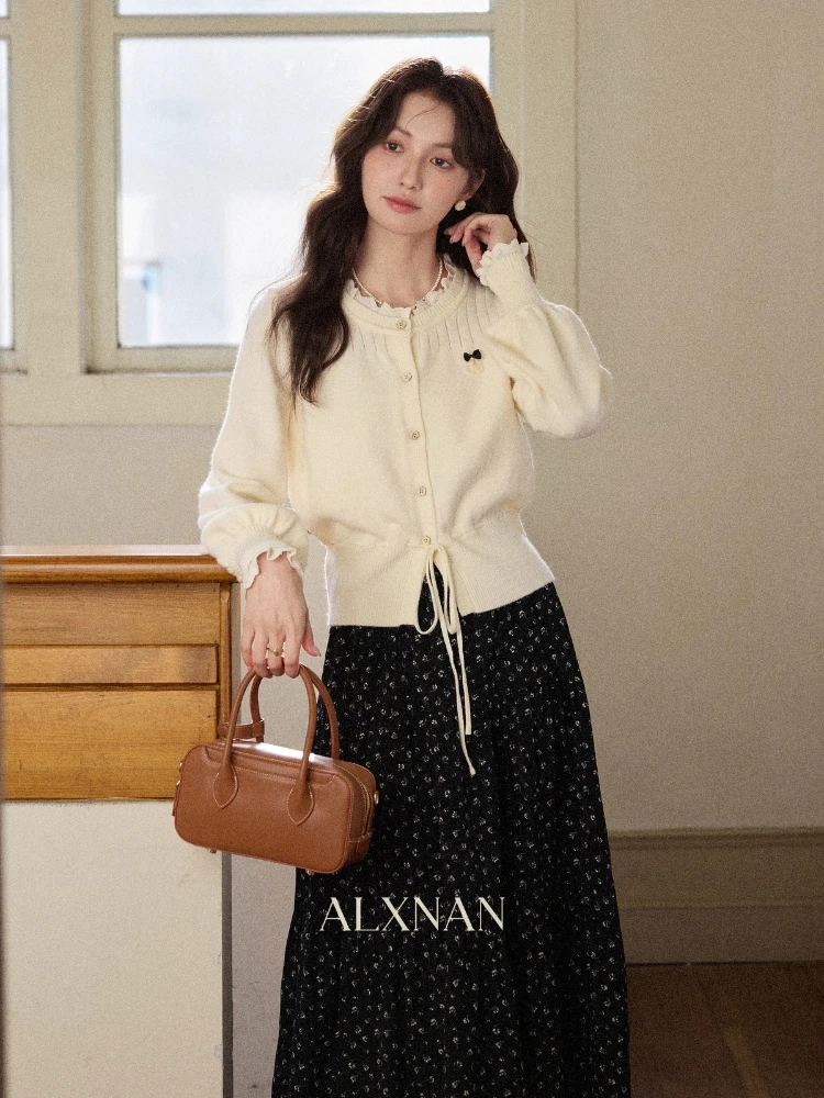 

ALXNAN Floral Print Skirt Black High-waisted A-Line Big Skirt Hem Commuting Skirt 2025 New Autumn Casual Women's Clothing L56733