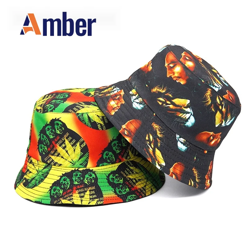 

Amber 2023 Jamaica Bucket Hat Bob Marley Print Panama Fisherman Hats For Men Women Double Side Reversible Cap Beach Travel New