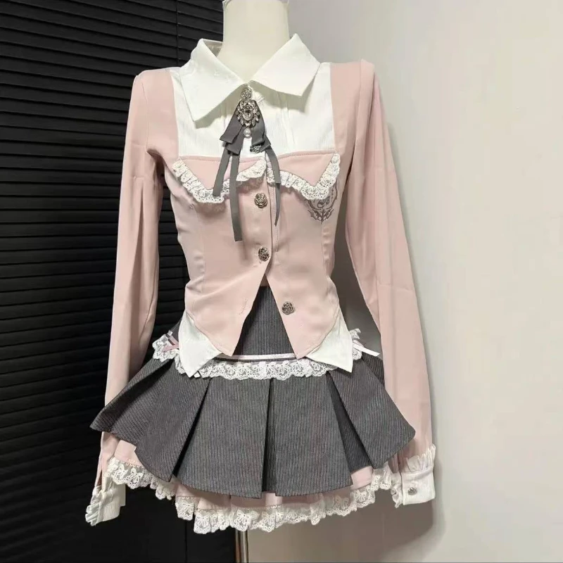 Summer Y2K Princess Outfits Women 2 Piece Sets Sweet Kawaii Bow Tops + Lace Pleated Skirt Female Retro Chic Preppy Style Clothes