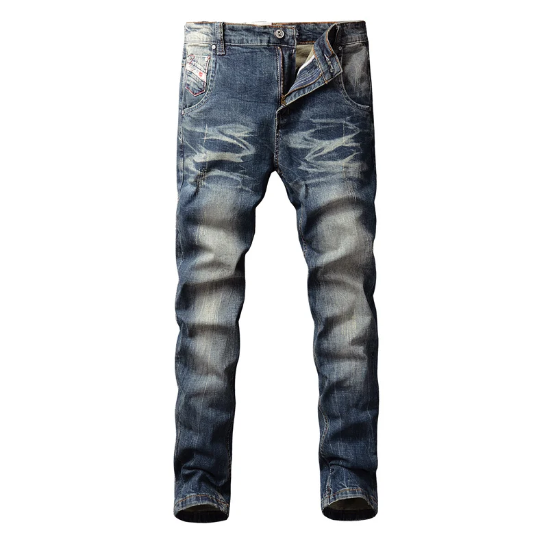 Italian Designer Fashion Men Jeans Retro Blue Stretch Slim Ripped Jeans Men Elastic Trousers Vintage Casual Denim Pants Hombre