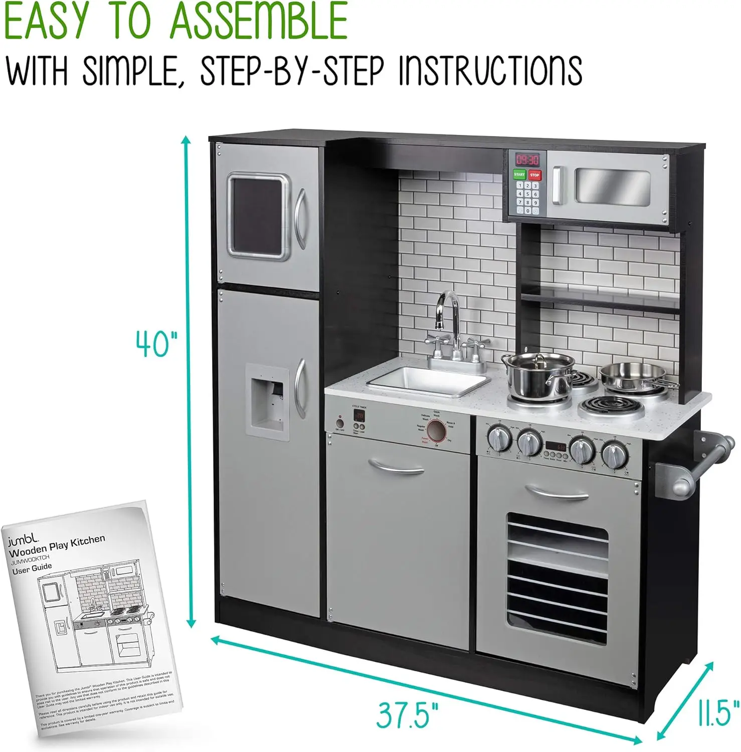 مجموعة مطبخ خشبية للأطفال ، تعمل بالبطارية ، صانع الجليد ، الميكروويف مع صوت واقعي ، الأواني والمقلاة ، لعب المطبخ