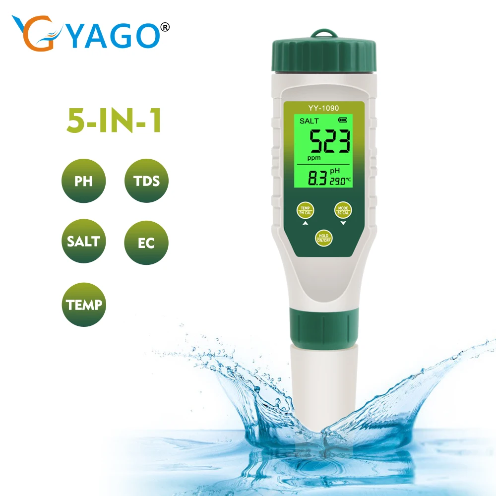 

5-in-1 Water Test Pen, PH/TDS/SALT/EC/TEMP High Precision Probe Pool PH Diet Tester for Koi Ponds, Fish Tanks, Food Salinity