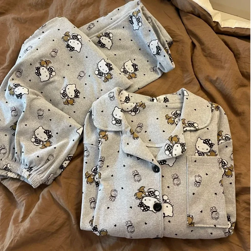 

Sanrio Hello Kitty женские зимние пижамы Y2K Kawaii мультфильм студенческая теплая одежда для сна брюки с длинными рукавами ночное белье комплекты домашней одежды