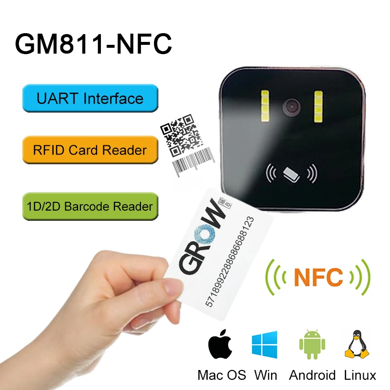 GM811-NFC RFID Card Reader and Barcode Reader Module DC3.6-6.5V UART 2D/1D Code Scanner Free SDK Files For Hotel Supermarket