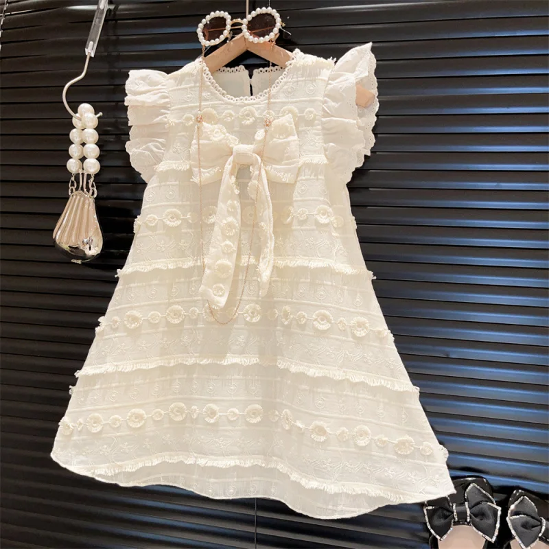 New Girls' Bubble Cotton Lace Backless Bow Flying Sleeve Princess Vest Dress2024Summer Dress