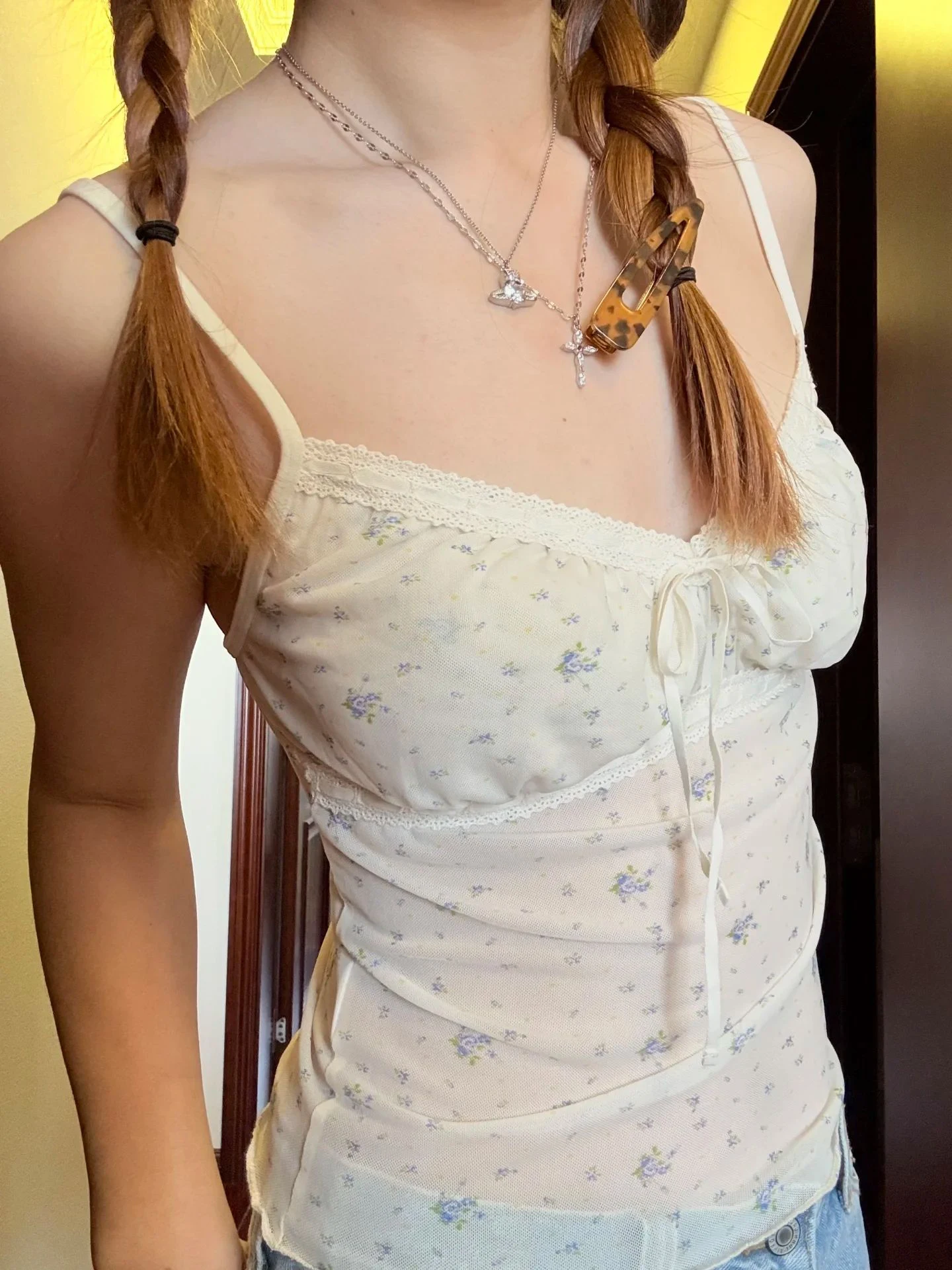 الأزرق الأزهار شبكة شفافة تانك القمم المرأة الدانتيل تقليم الرباط الخامس الرقبة بروتيل الصيف نمط Preppy الحلو مثير المحاصيل القمم Y2k #2
